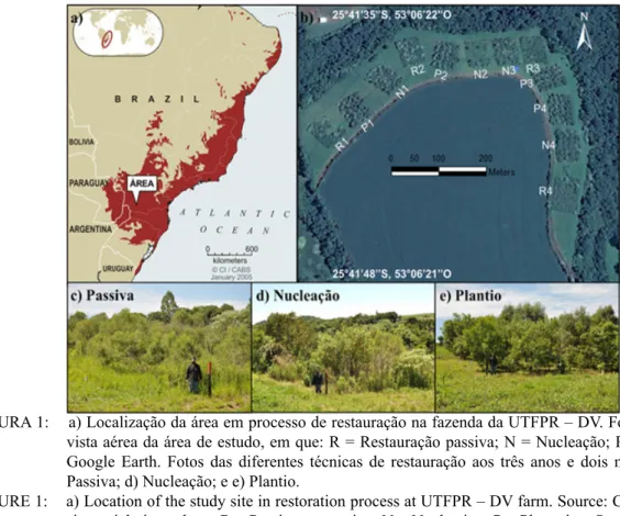 FIGURA 1:    a) Localização da área em processo de restauração na fazenda da UTFPR – DV