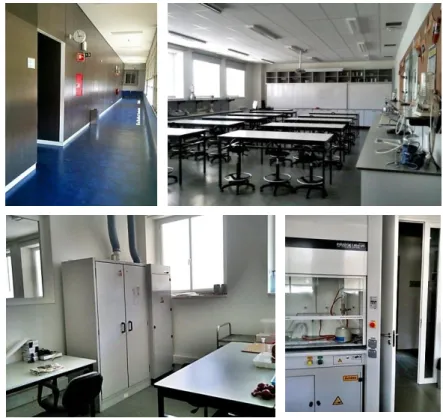 Ilustração 2 - Em cima e à esquerda: corredor de acesso aos laboratórios; em cima à direita: interior  do laboratório; em baixo: sala de apoio aos laboratórios (armazenamento de reagentes  e hote)