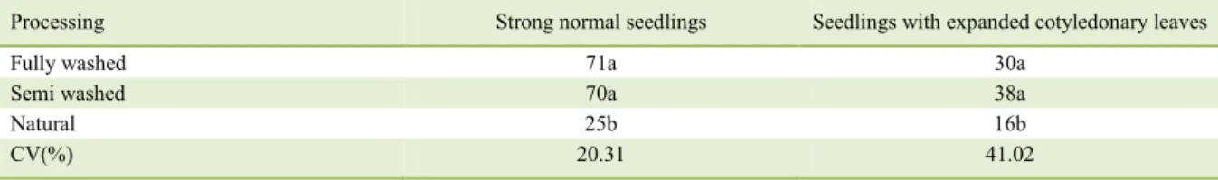Table 1 - Percentage of strong normal seedlings and seedlings with expanded cotyledonary leaves originating from coffee seeds under  different manners of processing