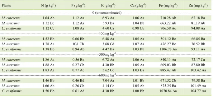 Table 2 - Nutrient levels in the shoot of the Mucuna cinereum, M. aterrima and Canavalia ensiformis cultivated in uncontaminated and  contaminated soils with400, 500 and 600mg kg -1  copper