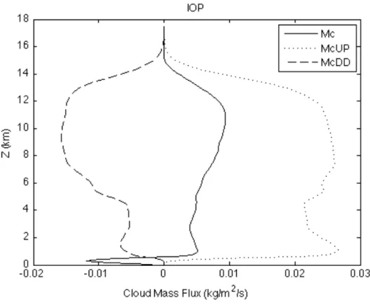 Figure 3.1.12.    Vertical  profiles of  the total  cloud  mass flux  (solid line),  the updraft  cloud mass  flux  (dotted  line) and downdraft  cloud mass flux  (dashed line), given by  the D64T120-S dataset, averaged over the  TOGA-COARE IOP.