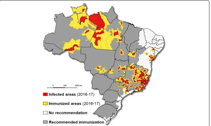 Fig. 6 Municipalities with human cases and non-human primates: infected and immunized areas, Brazil, 2016/2017 [2]