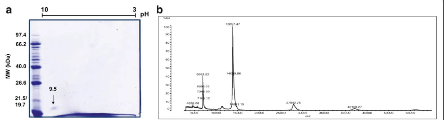 Fig. 2 Two-dimensional electrophoresis and mass spectrum of PocTX. a PocTX (15 μg) was analyzed by 2D SDS-PAGE electrophoresis using a 7-cm strip, with non-linear pH values from 3 to 10