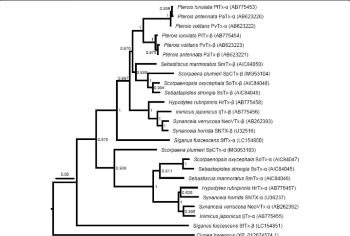 Fig. 6 Phylogenetic tree of Scorpaeniformes toxins. The tree was generated by the MUSCLE [42] and then analyzed with the Neighbor-Joining algorithm (bootstrap replicates: 500; substitution model: Maximum Composite Likelihood), both implemented in MEGA7 [43
