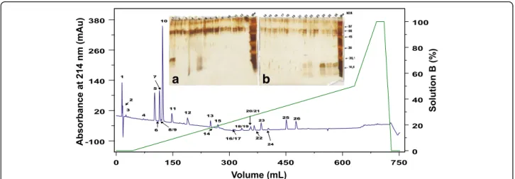 Fig. 2 Cutaneous secretion chromatogram in C18 column RP-FPLC and the SDS-PAGE profile of each fraction