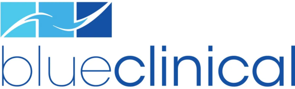 Figure 1 – Blueclinical Logo. The three functional areas are represented on the rectangle above the company  name