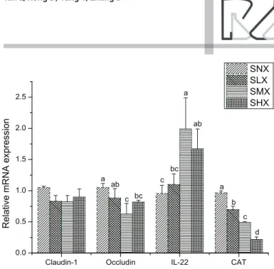 Figure 1 – Relative mRNA expression levels of Claudin-1, Occludin, IL-22, and CAT. 
