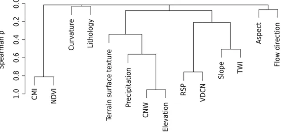 Figure 3.  Dendogram of Spearman’s correlation among covariates. CMI = clay mineral index; 
