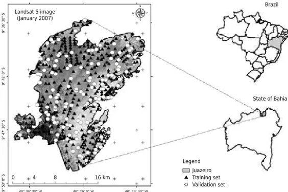 Figure 1.  Study area and location of soil profiles, over Landsat image (band3).