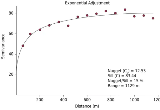 Figure 3. Semivariogram of cation exchange capacity obtained by cokriging.