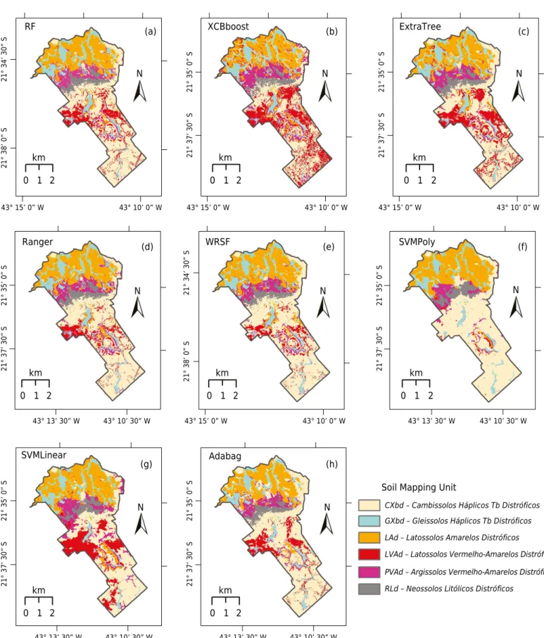 Figure 4.  Maps generated by the classifiers RF (a), xgBoost (b), ExtraTree (c), Ranger (d), WSRF (e), SVMPoly (f), SVMLinear (g),  and AdaBag (h)