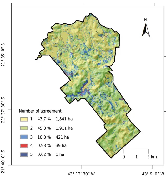 Figure 5. Map of MU variability among the eight soil maps generated with the machine learning  algorithms in the Dênis Gonçalves Settlement (the values 1, 2, 3, 4, and 5 represent the number of  distinct MUs assigned by the algorithms in a given pixel of t