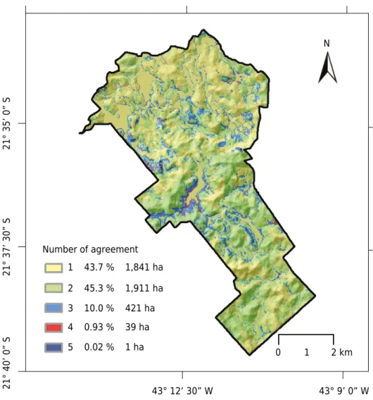 Figure 5. Map of MU variability among the eight soil maps generated with the machine learning  algorithms in the Dênis Gonçalves Settlement (the values 1, 2, 3, 4, and 5 represent the number of  distinct MUs assigned by the algorithms in a given pixel of t