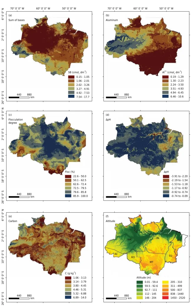 Figure 4.  Thematic maps obtained by machine learning of soil attributes: sum of bases (a), aluminum (b), degree of flocculation  (c), ∆pH (d), carbon (e)