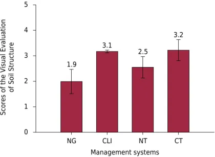 Figure 2.  Mean scores of the Visual Evaluation of Soil Structure of an Albaqualf under different  management systems in the 0.00-0.20 m layer