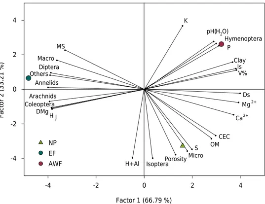 Figure 4.  Principal Component Analysis (PCA) between the natural pasture (NP), the eucalyptus  forest (EF), and the eucalyptus forest after wildfire (AWF), and the soil physical, chemical, and  biological properties in São Gabriel, RS, Brazil