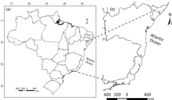 Figure 1. Map of Brazil with the states boundaries (a); in the map are highlighted the location of  the study areas: C - Coruripe (Alagoas State); U - Umbaúba (Sergipe State); V - Nova Viçosa (Bahia  State); S - Sooretama (Espírito Santo State); and I - It
