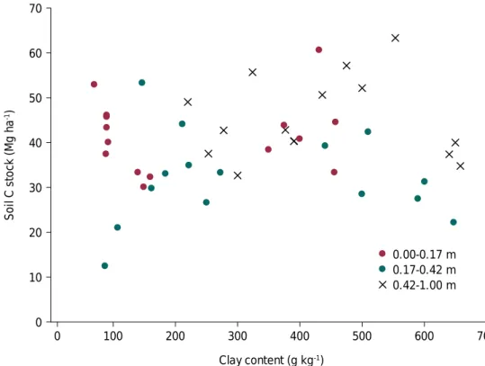 Figure 2. Relationship between soil organic carbon stock and clay fraction content for the native  forest sites.