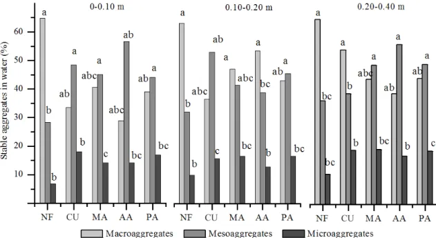 Figure 1. Percentage distribution of stable aggregates in water at the depths of 0-0.10; 0.10-0.20; and 0.20-0.40 m in  Yellow Latosol (oxisol), under native forest (NF), cumaru area (CU), African mahogany (MA) area, agriculture area (AA)  and pasture area