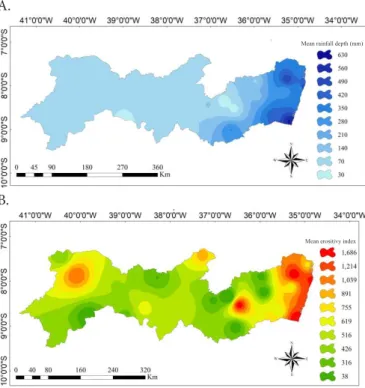 Figure 3. Correlation between mean erosivity index  and rainfall depth (A) and correlation between mean  erosivity index and coefficient of rainfall (B) for the state  of Pernambuco, Brazil