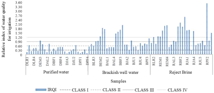 Figure 2. Behavior of the relative index of water quality for irrigation (IRQI) for water purified by reverse osmosis,  brackish well water and desalination reject brine