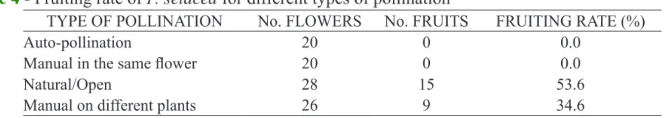 Table 4 - Fruiting rate of  P. setacea for different types of pollination 