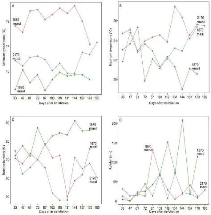 Figure 2.  Profiles of average minimum (A) and maximum (B) temperatures, relative humidity (C) and rainfall (D).
