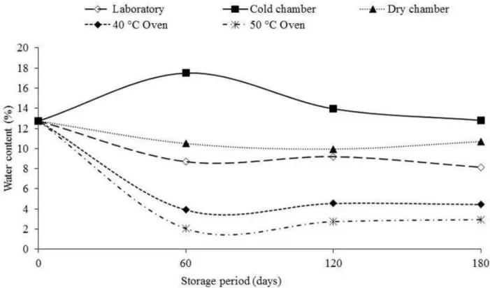 Figure 1- Water content (%) of  Spondias tuberosa seeds submitted to different environments and storage periods.