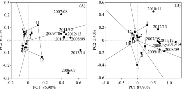 Figure 4 – Adaptability and stability by the ‘which-won-where’ comparison of the GGE Biplot methodology, of 12  peach genotypes evaluated for vegetative bud density (A), flower bud density (B) in seasons from 2006/07 to 2013/14