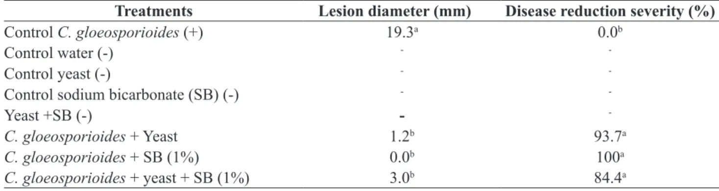 Table 1. Assay of integrated biocontrol test in vivo of the fungus C. gloeosporioides after 7 days of incubation.