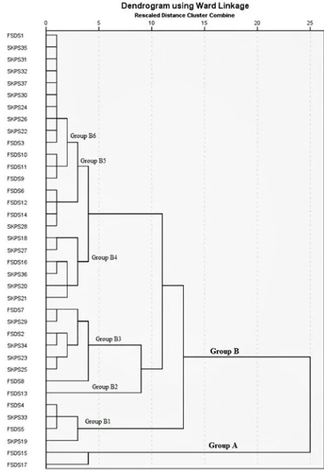 Figure 2- Wards linkage method of phenotypic diversity among 37 guava accessions based on morphological  characters, distance linkage range is from 2% to 25%.