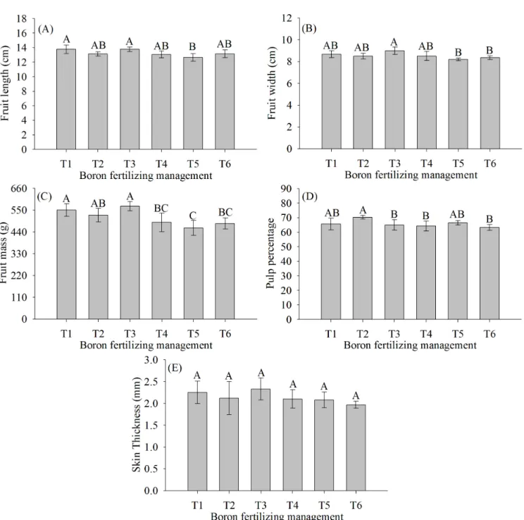 Figure 2. Fruit characteristics [length (A), fruit width (B), mass (C), pulp percentage (D) and skin thickness (E)] of  mango cv