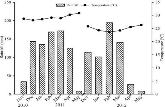 Figure  1  shows  the  rainfall  and  temperature  during  the experiments.  