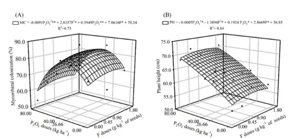 Figure  2. Mycorrhizal colonization (MC) rate in soil with initial intermediate P content (A) and plant height (PH) in soil  with an initial low P content (B) for soybean plants in function of the isoflavonoid formononetin (F) and phosphorus doses  (P 2 O 