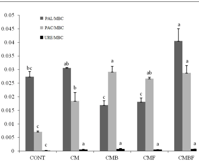 Figure 4. Specific enzymatic activities per unit carbon of microbial biomass (URE / MBC = Urease, PAC / MBC = Acid  phosphate and PAL / MBC = Alkaline phosphatase) in Regolithic Neosol, cultivated with lettuce with and without the  use of plant growth prom