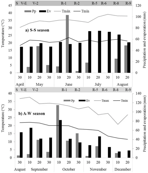 Figure  1.  Phenology,  total  precipitation  (PP)  and  (Ev)  for  each  10-day,  and  average  value  of  maximum  (Tmax)  and  minimum (Tmin) temperature in sunflower cv