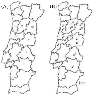 Figure 9. Map showing the distribution of swifts brought to CERVAS. (A) shows the totality of birds,  without discrimination by species and (B) the number of admissions of birds according to species, 