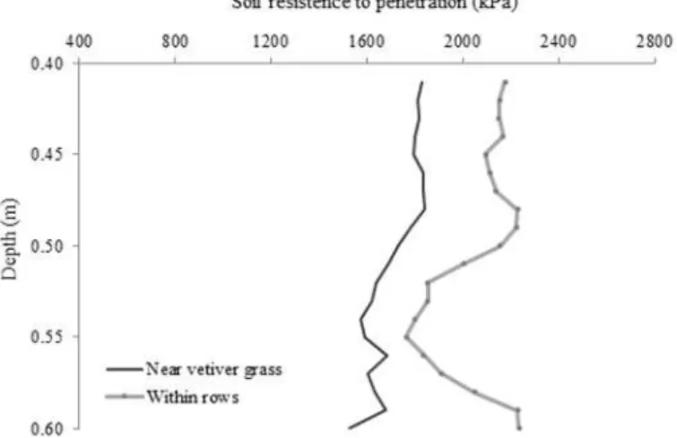 Figure  7. Mechanical resistance of the Neossolo Flúvico to penetration at 0.40–0.60 m depth, at points near the vetiver  grass and at points within rows.