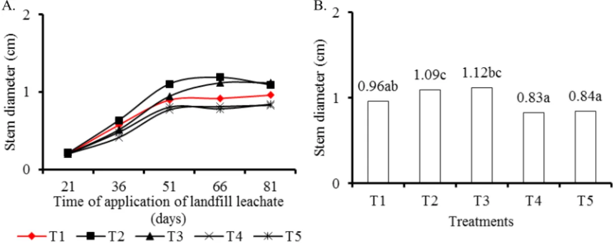 Figure 4. Stem diameter (SD) of sunflower plants as a function of time of application of landfill leachate (LL) (A), and LL  rates applied in the fertigation (B)