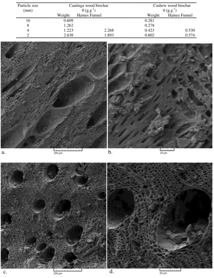 Table  3. Water-holding capacity for different particle sizes of each studied biochar determined by weight difference and  Haines Funnel (10kPa)