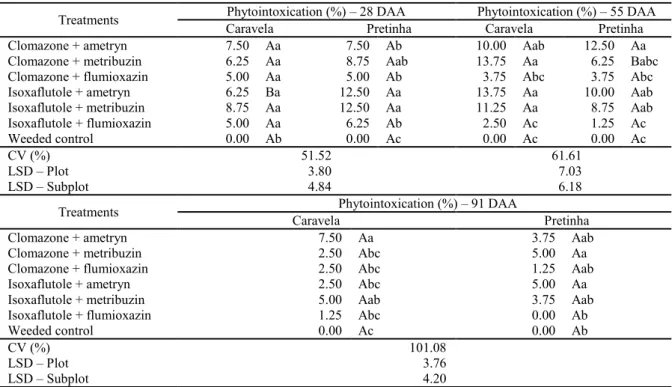 Table 6. Phytointoxication percentages of cassava as function of herbicide application in crop pre-emergence