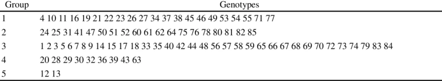 Table 3 - Optimization grouping between 85 RR soybean genotypes, obtained by the K-means method, based on 8 agronomic traits, using the Euclidian distance