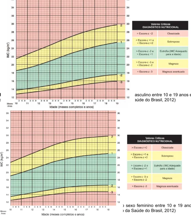 Figura 2: Tabela de crescimento da criança e adolescente do sexo masculino entre 10 e 19 anos e  classificação dos valores para diagnóstico nutricional (Ministério da Saúde do Brasil, 2012) 
