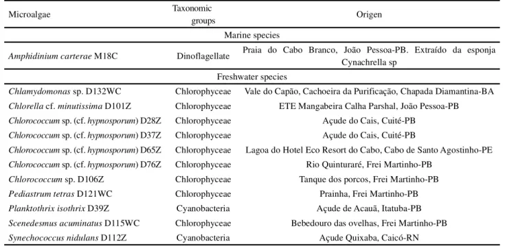 Table 1 - List of the microalgae investigated in the present project, citing their respective taxonomic groups and origins