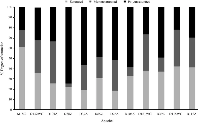 Figure 1 - Percentage composition by degree of saturation of the microalgae species examined