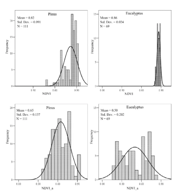 Figura 4 – Efeito do fator de ajuste pela idade do povoamento nas frequências do NDVI em povoamentos de Eucalyptus e Pinus