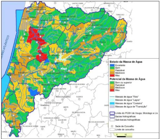 Figura 3.1 – Estado das massas de água nas bacias hidrográficas dos rios Vouga, Mondego e Lis (Fonte: MAMAOT,  2011)