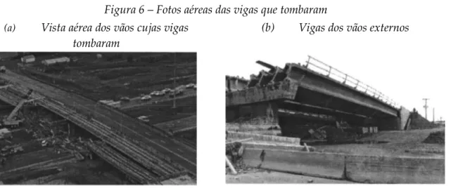 Figura 6 Fotos aéreas das vigas que tombaram (a) Vista aérea dos vãos cujas vigas