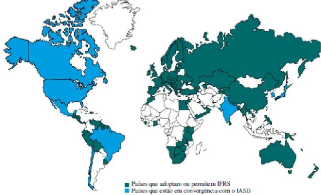 Figura 3.2 O IASB e a sua relação internacional em 2009  Fonte: IFRS Foundation (2010)  Com uma maior presença a nível mundial, cerca de cento e dez países, o IASB aumenta  para dezasseis, o número de membros do seu Conselho, e cria em separado normas para