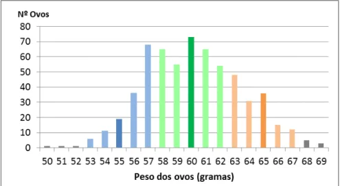 Figura 1.  Distribuição de peso dos ovos de reprodutoras Leghorn de 38 semanas de idade
